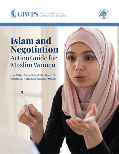 Image of cover of report: Photo of women in pink headscarf gesturing with a pen; the words Islam and Negotiation: Action Guide for Muslim Women appear on top